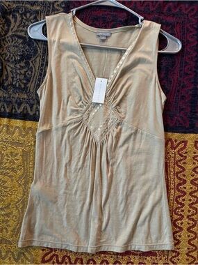 Ann Taylor Gold Beaded V-Neck Sleeveless Tank